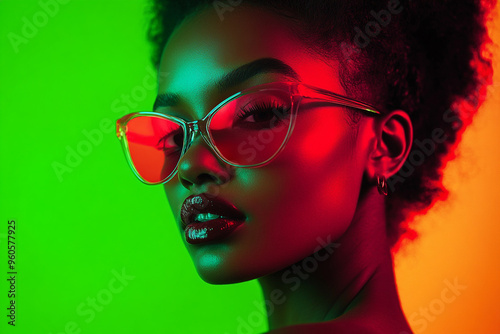 Bold Woman in Neon Red Face Mask with Solid Neon Green Background Trendsetting Portrait