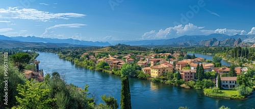 Serene Riverside Townscape: Panoramic View of Charming Town with Flowing River