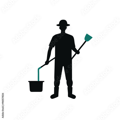 a man gardener holding a bucket and rake standing looking at the garden. vector illustration silhouette, 