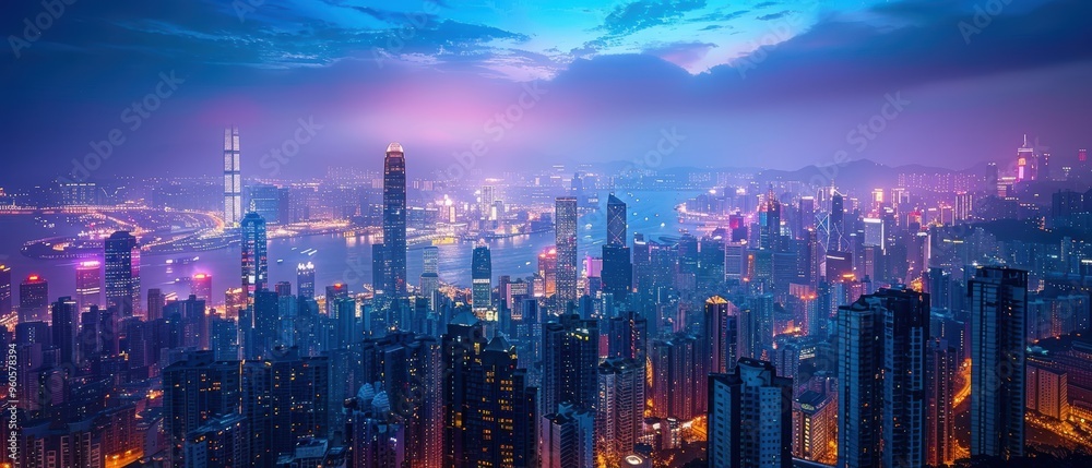 Fototapeta premium Vibrant Urban Nightscape: City Skyline with Glowing Skyscrapers