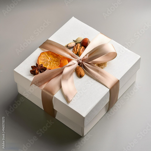 a box of nuts with a ribbon tied around the top