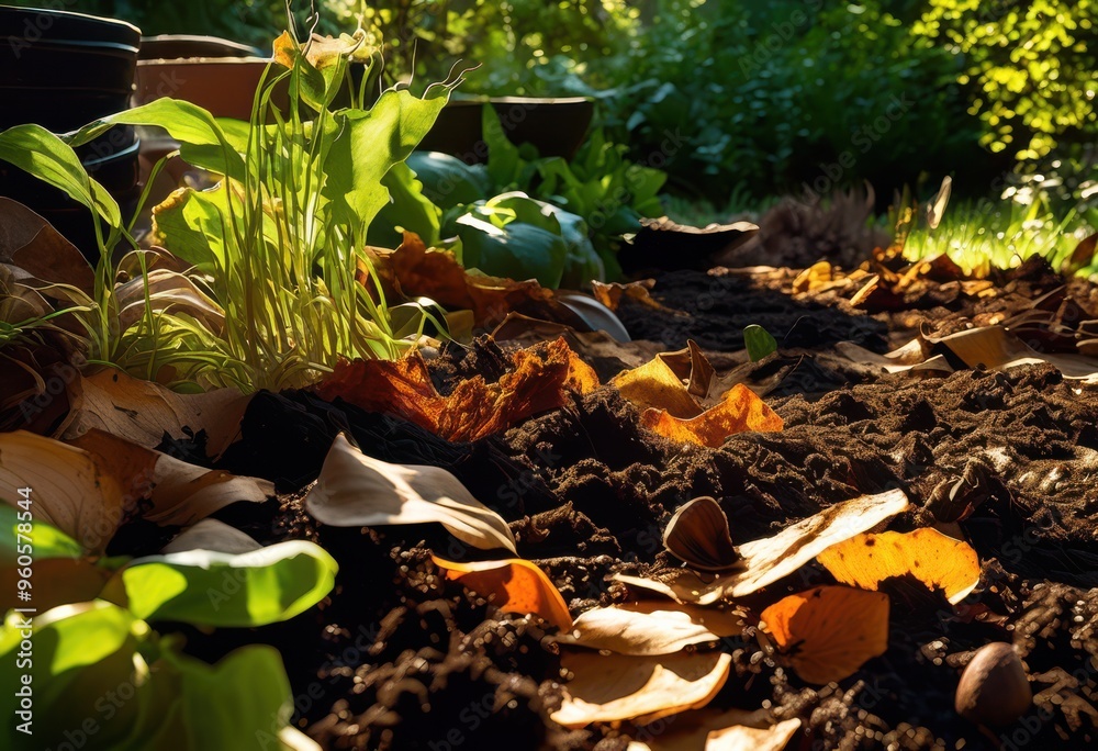 Obraz premium transform kitchen scraps into vibrant compost masterpieces colorful layers nutrient rich textures sustainable garden, organic, waste, gardening, vegetable