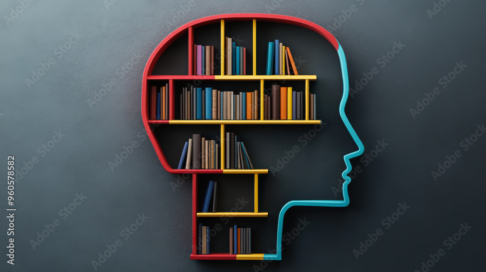 Creative bookshelf designed to resemble a human head with colorful sections for books on a dark background