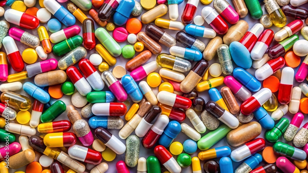 Background of a large group of assorted capsules, pills and blisters Background of a large group of assorted capsules, pills and blisters