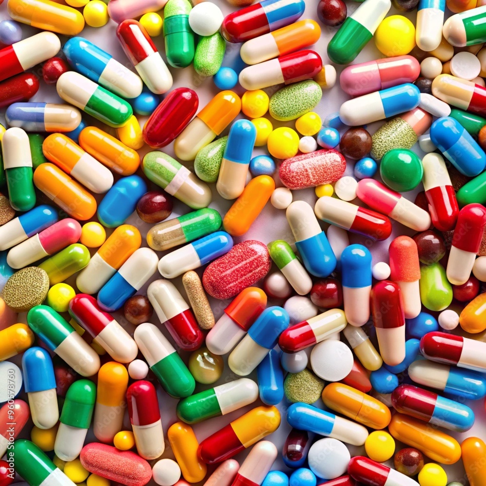 Background of a large group of assorted capsules, pills and blisters Background of a large group of assorted capsules, pills and blisters