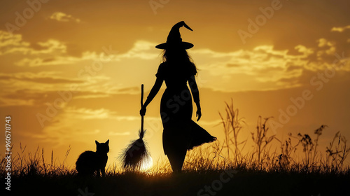 Silhouette of a witch with a broomstick and a cat at sunset. Halloween-themed background, web wallpaper