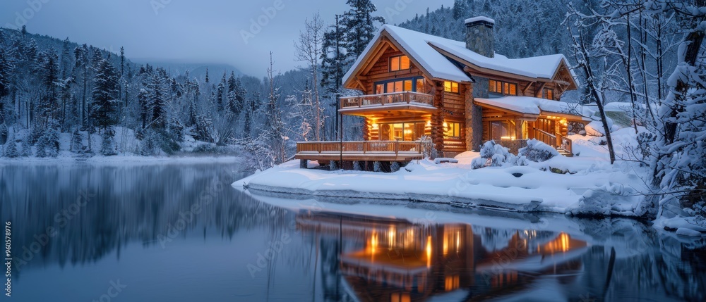 Serene Winter Retreat: Cozy Mountain Cabin in Snowy Landscape Serene Winter Retreat: Cozy Mountain Cabin in Snowy Landscape
