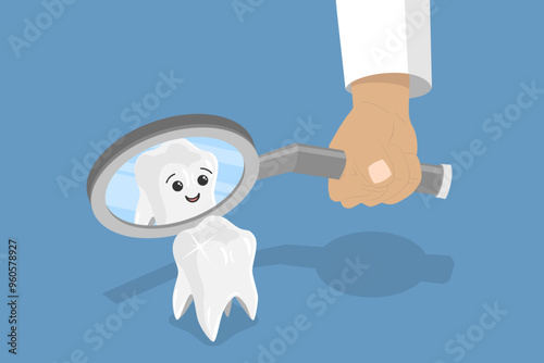 3D Isometric Flat Vector Illustration of Dental Check, Adorable Tooth Character Examining with Dental Mirror