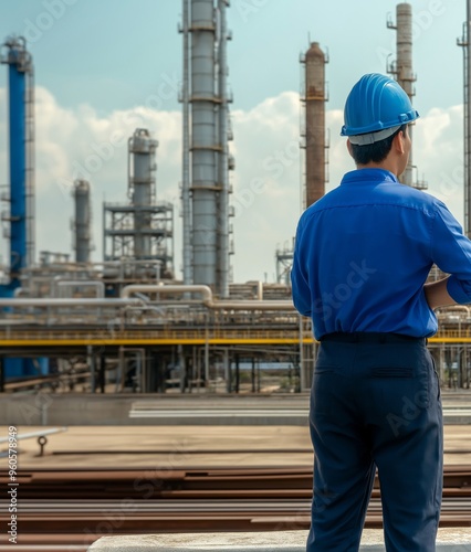 A worker in blue overalls stands with his back to the camera, gazing at a large refinery in the distance