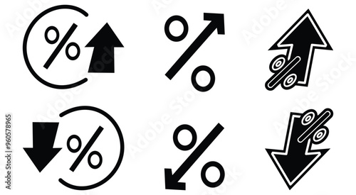 Percent with arrows up and down. Arrow with percentage icon. Increasing and reduction percentage. Growing and decline percent. Element for business, banking, credit, interest rate, finance sphere. Bla