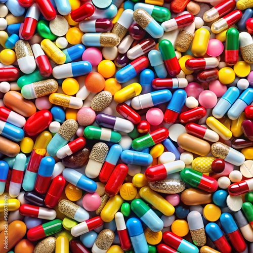 Background of a large group of assorted capsules, pills and blisters