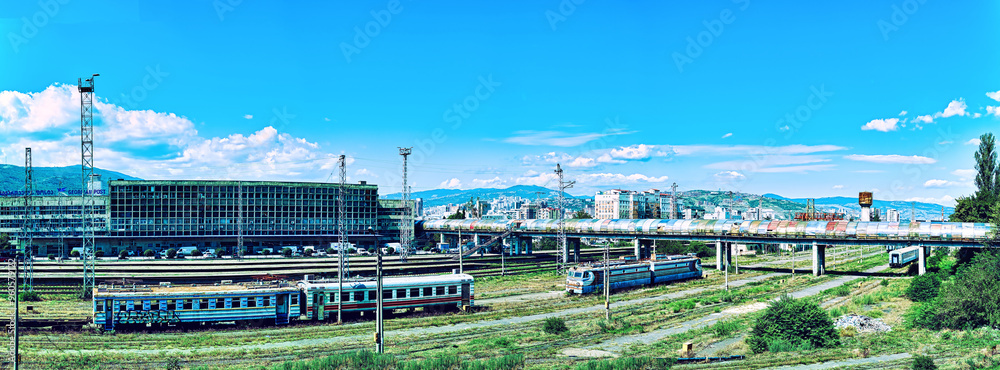 Abandoned passenger wagons on railroad tracks overgrown with grass under the railway crossing bridge. Decommissioned trains. Tbilisi, Georgia. Panorama