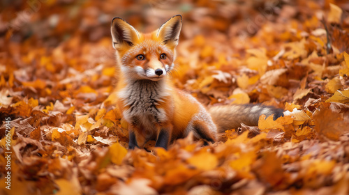 Сute little red fox sits amidst vibrant sea of ​​autumn leaves that match her fur perfectly. Warm tones of orange, yellow and brown create cozy seasonal background