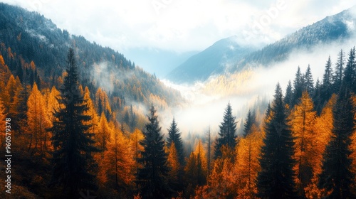 Morning light filters through mist, illuminating vibrant golden trees in a peaceful valley surrounded by majestic mountains and soft clouds