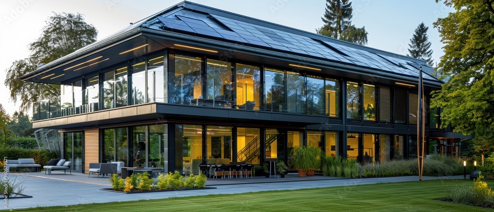 Obraz premium Futuristic Eco-Friendly Architecture with Solar Panels Providing Sustainable Energy Solutions