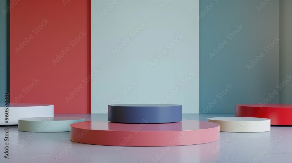 Simplified setup with round podiums on mixed colored backdrop for product presentations Simplified setup with round podiums on mixed colored backdrop for product presentations