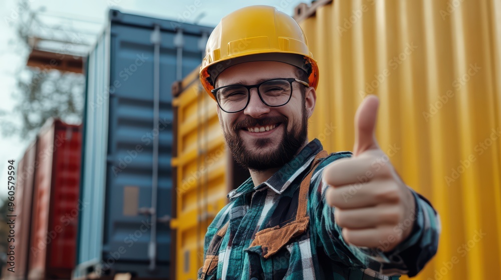 Portrait of a happy smiling worker in yellow helmet and glasses showing thumbs up, standing against a container on the construction site Portrait of a happy smiling worker in yellow helmet and glasses showing thumbs up, standing against a container on the construction site