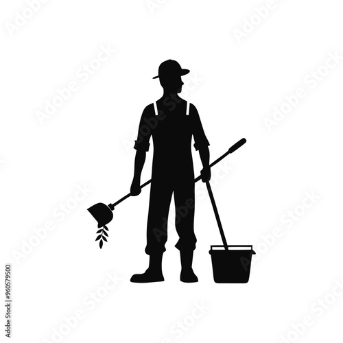a man gardener holding a bucket and rake standing looking at the garden. vector illustration silhouette, 