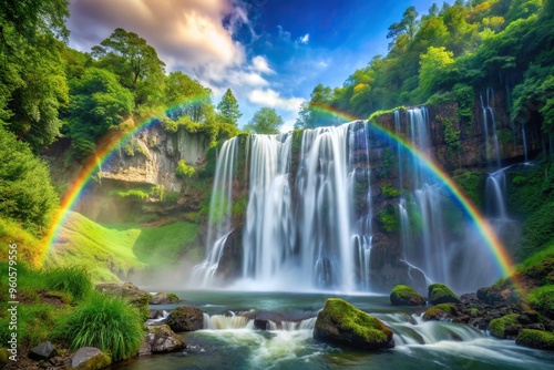 lush forest, mist, majestic, A stunning image capturing a majestic waterfall cascading down amidst a vibrant and lush forest with a vibrant rainbow gracefully arching over the scene