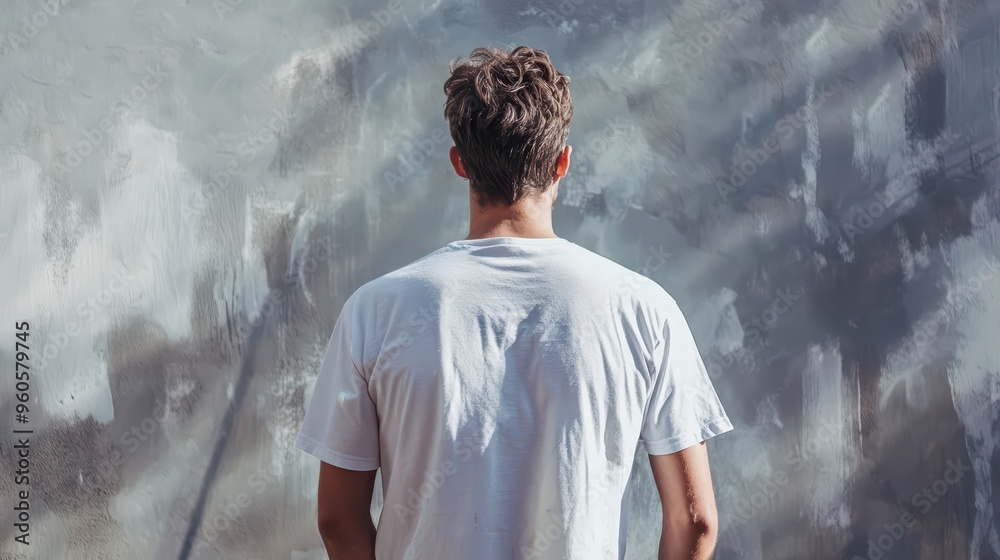 Obraz premium A back view photo of a man in a white t-shirt and dark short hair, painting the wall with gray color during some renovation work