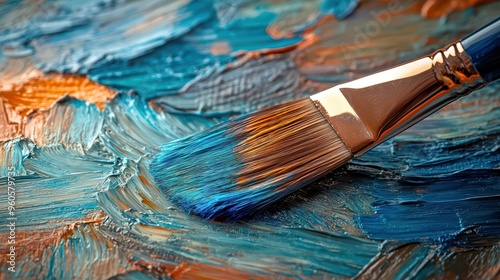 A paintbrush with its bristles covered in vibrant blue and orange oil paints, resting on an artist's palette filled with different colors of paint