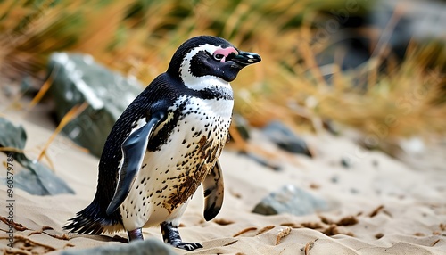 Magellanic penguin perched on sandy beach with soft sunlight illuminating its distinctive markings