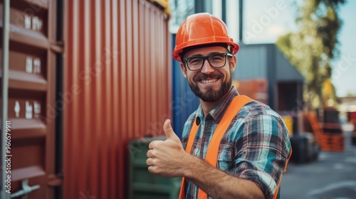 Closeup ortrait of a happy smiling worker man with a beard and in a yellow helmet and glasses showing thumbs up, standing against a container on the construction location photo