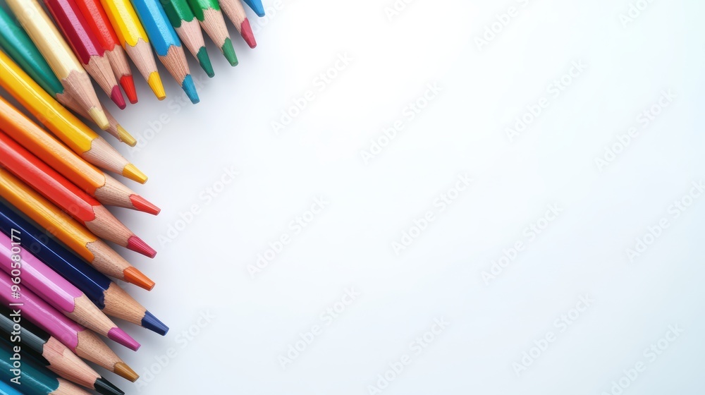 A colorful background with pencils, paintbrushes and other school supplies on white paper. The space in the middle is blank for text or design elements A colorful background with pencils, paintbrushes and other school supplies on white paper. The space in the middle is blank for text or design elements