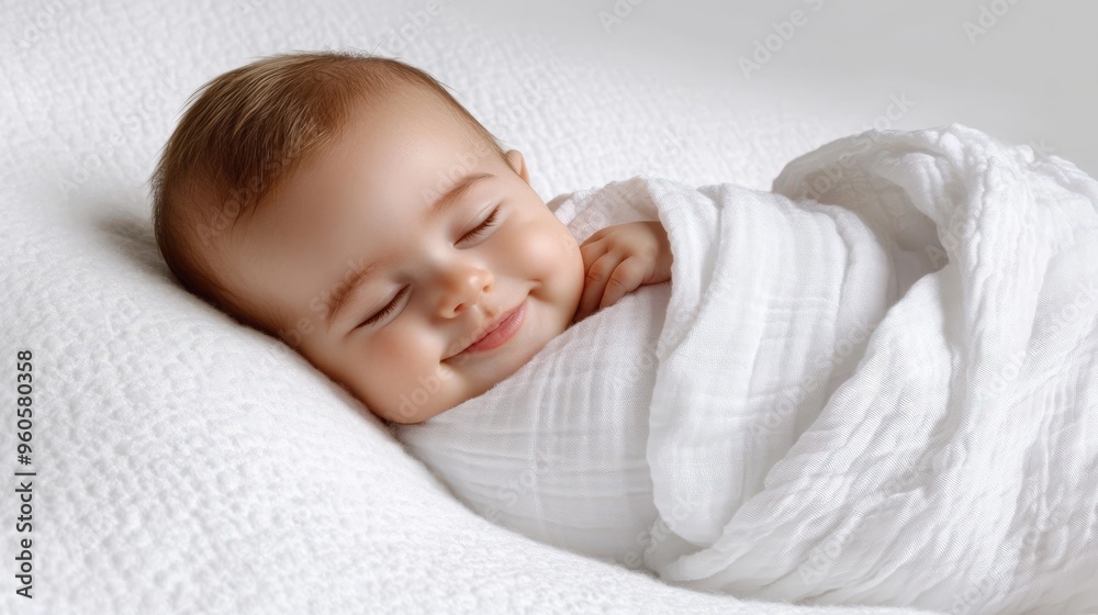 Baby Goods: Cute Newborn Baby Smiling in White Swaddle- Packaging Template for Children Baby Goods: Cute Newborn Baby Smiling in White Swaddle- Packaging Template for Children