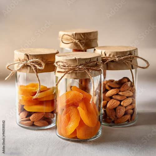 three glass jars with almonds and almonds on them.