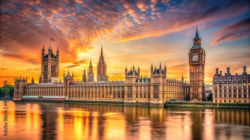 The Palace of Westminster also known as the Houses of Parliament bathed in the warm hues of a sunset, reflection, Houses of Parliament, angle, river Thames, historical, tilt, tourism The Palace of Westminster also known as the Houses of Parliament bathed in the warm hues of a sunset, reflection, Houses of Parliament, angle, river Thames, historical, tilt, tourism