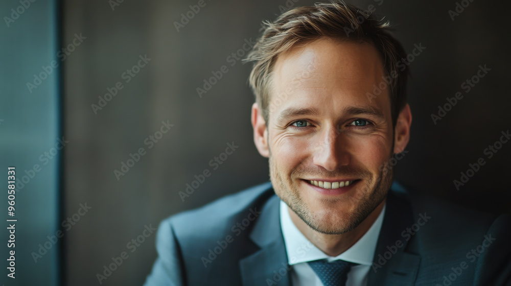 Confident young professional smiling while standing in a modern office with large windows on a sunny day Confident young professional smiling while standing in a modern office with large windows on a sunny day
