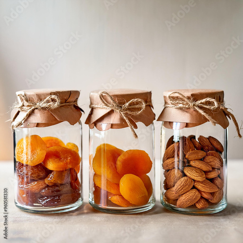 three glass jars with almonds and almonds on them.