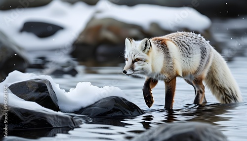 Arctic fox navigating rocky shoreline through icy waters during winter season photo