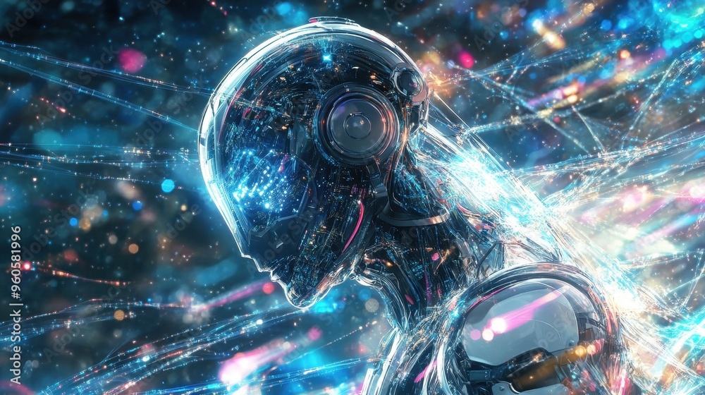Futuristic Holographic Robot with Abstract Connections Representing Scientific Intelligence and Idea Flow Futuristic Holographic Robot with Abstract Connections Representing Scientific Intelligence and Idea Flow