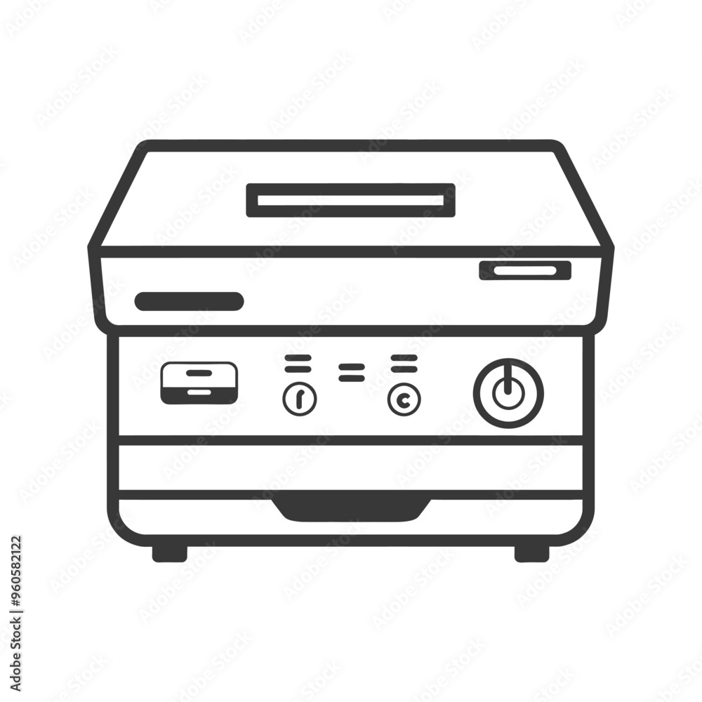 Line art illustration of a printer with a power button tray and other controls Line art illustration of a printer with a power button tray and other controls