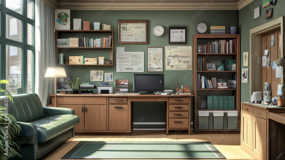 A doctor's office with a couch, shelves, and a desk where the doctor works.
