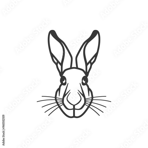 Line art illustration of a rabbits face with long ears and whiskers