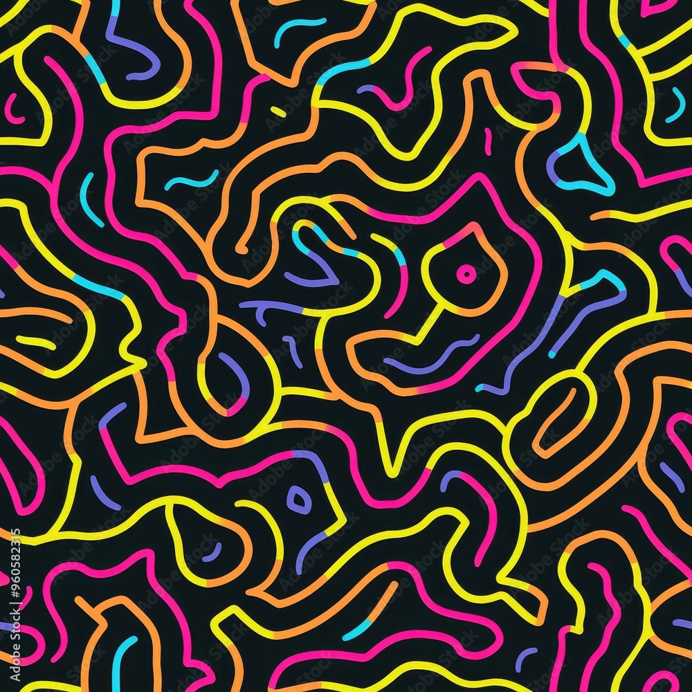 Neon Lines and Curves Tileable Pattern