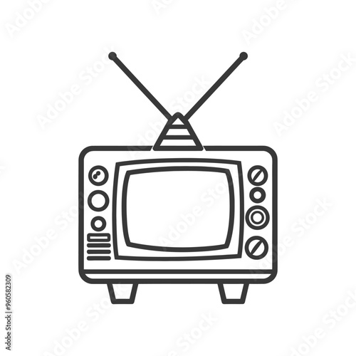 Line Art Illustration of a Retro Television Set with Antenna