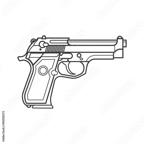Line Art Illustration of a Semi Automatic Handgun