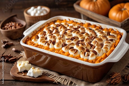 Sweet potato casserole with marshmallows and pecans, golden brown and warmly presented for Thanksgiving