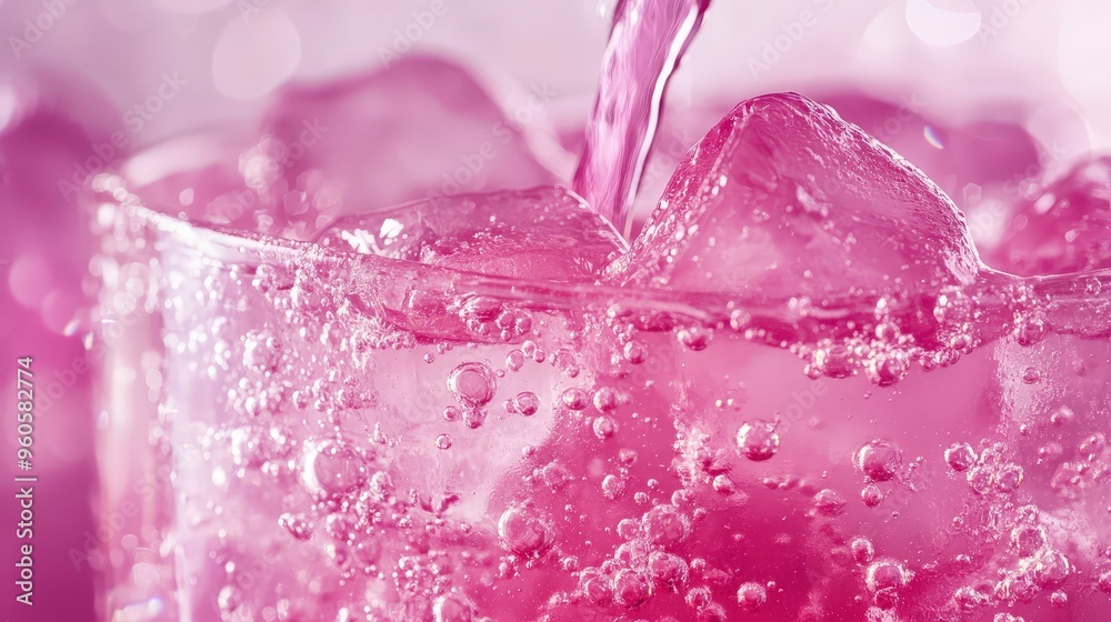 Refreshing Pink Juice Being Poured into Glass Filled with Ice and Fresh Fruit, Close-Up Studio Shot with Ultra-Clear Details and Vibrant Colors