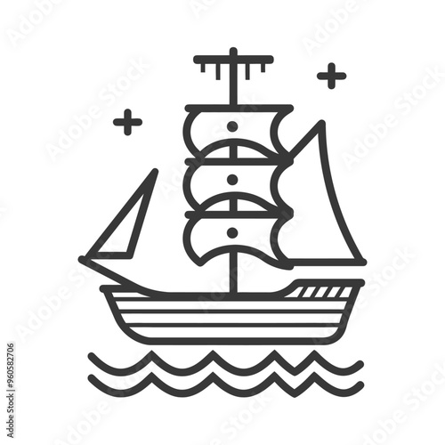 Line Art Illustration of a Ship Sailing on Water