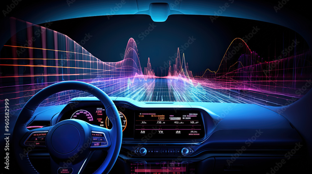 Futuristic car dashboard with graphs and bars for measurement and ...