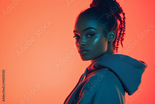 Fashionable Woman in Dark Gray Hoodie with Solid Neon Coral Background Bold Portrait