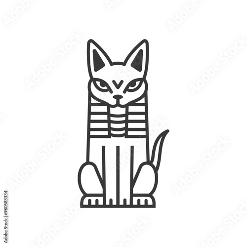 Line Art Illustration of a Sitting Egyptian Cat God