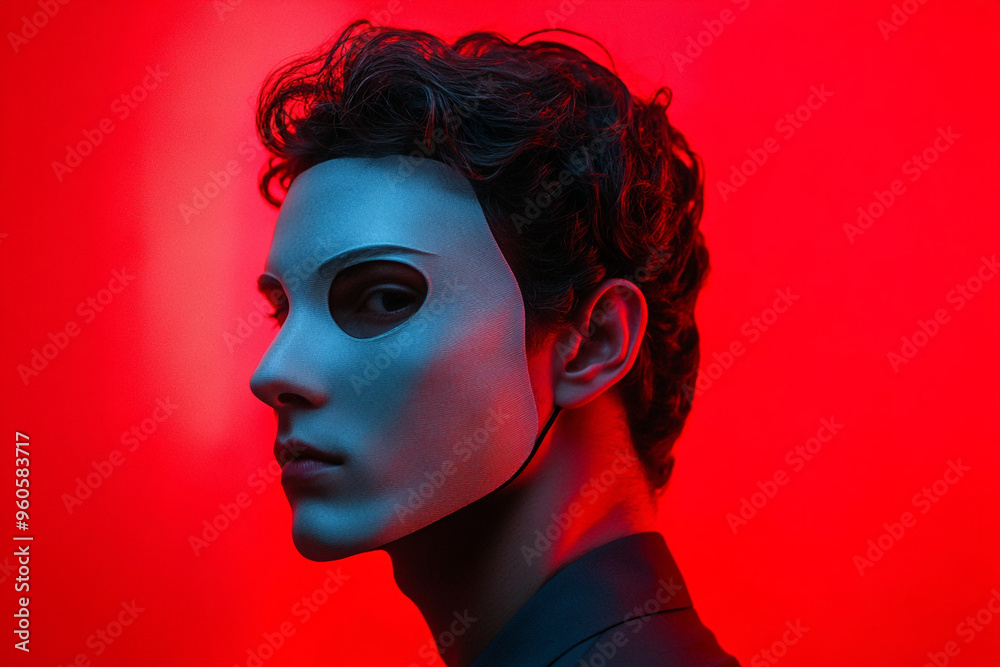 Fashionable Men in Light Gray Face Mask with Solid Neon Red Background Trendsetting Portrait Fashionable Men in Light Gray Face Mask with Solid Neon Red Background Trendsetting Portrait