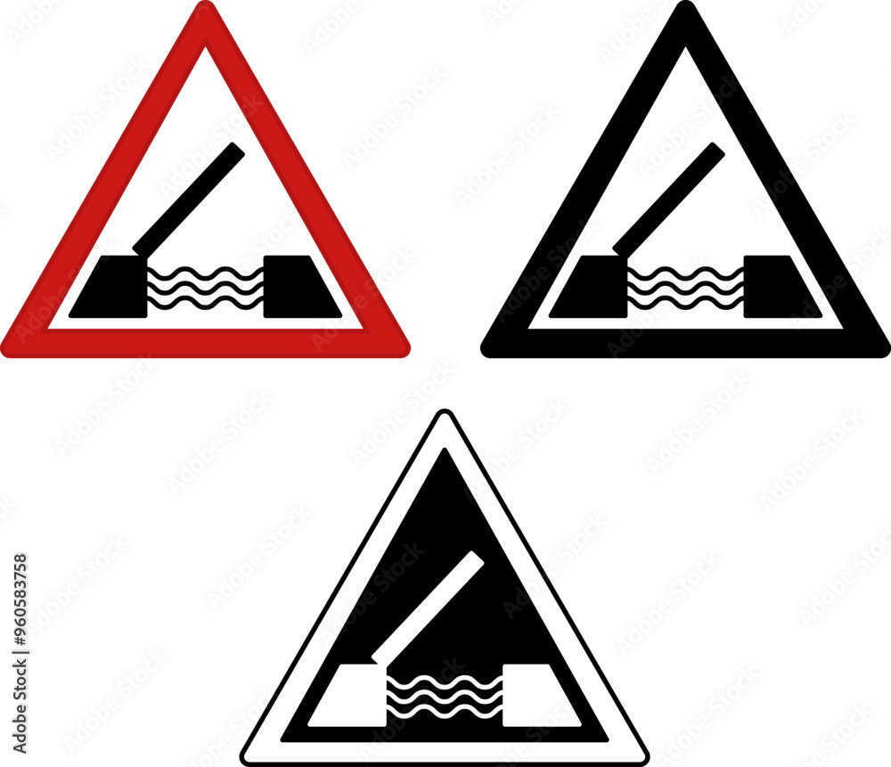 Signs Drawbridge. Red Road Signs. Hazard Warning. Black and White Vector Icons Signs Drawbridge. Red Road Signs. Hazard Warning. Black and White Vector Icons