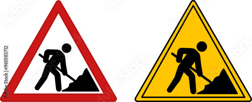 Red and Yellow Road Works Sign. Warning Road Sign. Man Working On Road. Vector Icon